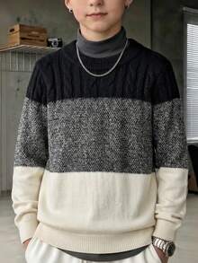 Big Boys' College Style Colorblock Striped Chunky Knit Pullover Sweater, Long Sleeve, Suitable For Campus And Casual Wear, Spring/Autumn/Winter - Black - View 2