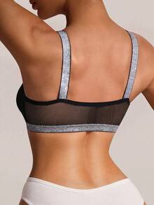Women's Fashion Shiny Silver Ribbon Patchwork Wireless Bra, Mesh Sheer Sexy Black Lingerie - Black - View 2