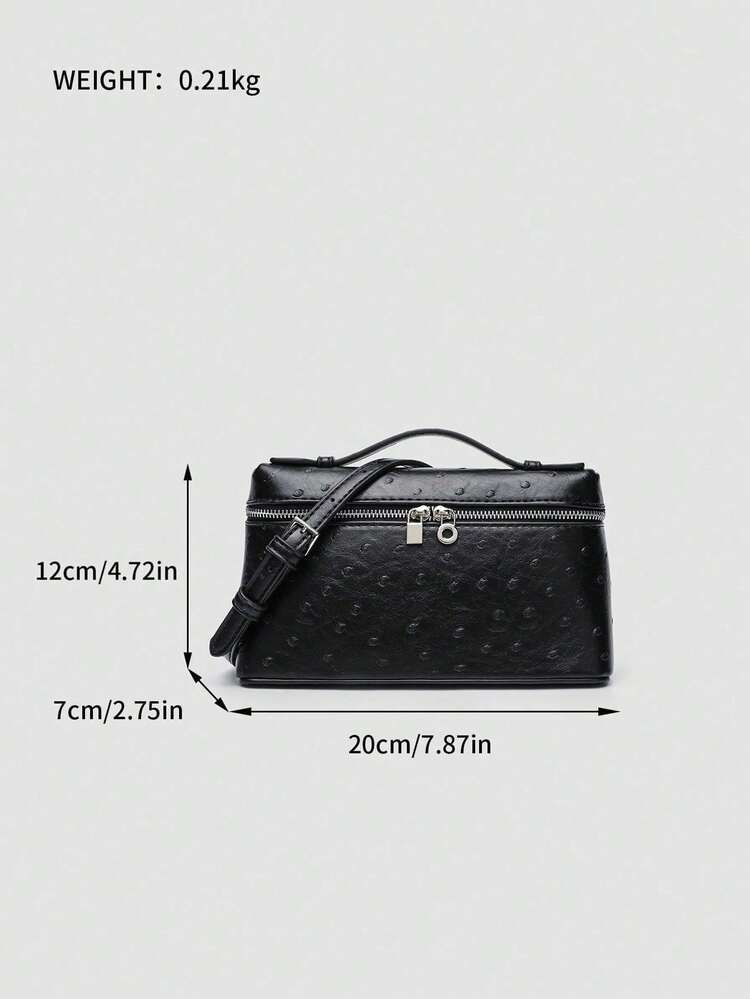 Ostrich Embossed Polka Dot Texture Metal Lock Decor Handbag, Can Store Makeup, Skincare And Personal Items, Dual Zipper Lock Closure, Cool Luxury Style, Women's Handheld Box Bag, Supports Handheld And Crossbody, Suitable For Commuting, Shopping And Various Occasions, Preferred By Young Women Who Like Simple And High-End Texture - Black - View 7