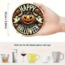 6pcs Halloween Pumpkin Witch Hat Wooden Coasters, Painted Glass Style Funny Ghost Face Pumpkin Round Heat-Insulating Mats, Home Desktop Non-Slip Heat-Resistant Tea Cup Coffee Cup Coasters, 10cm - Wooden Board-coaster - View 2