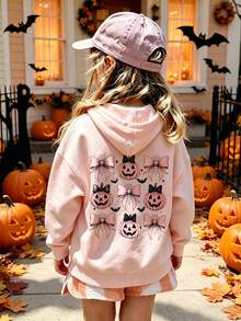 Baby Girls Halloween Graphic Hoodie, Cute Pumpkin Bow Spider Web Bat Print Long Sleeve Pullover Hooded Sweatshirt For Fall Daily - Pink - View 10