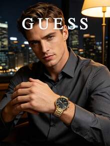 GUESS W1309G2 男士石英計時腕錶，全金金色調不鏽鋼錶帶、黑色羅馬數字錶盤，100M防水商務正裝手錶 - W1309G2 - 查看 4