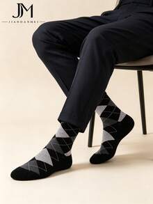 Men's Classic British Argyle Skin-Friendly Cotton Mid-Calf Socks, Versatile Business Style For Daily Office Wear - Multicolor - View 1
