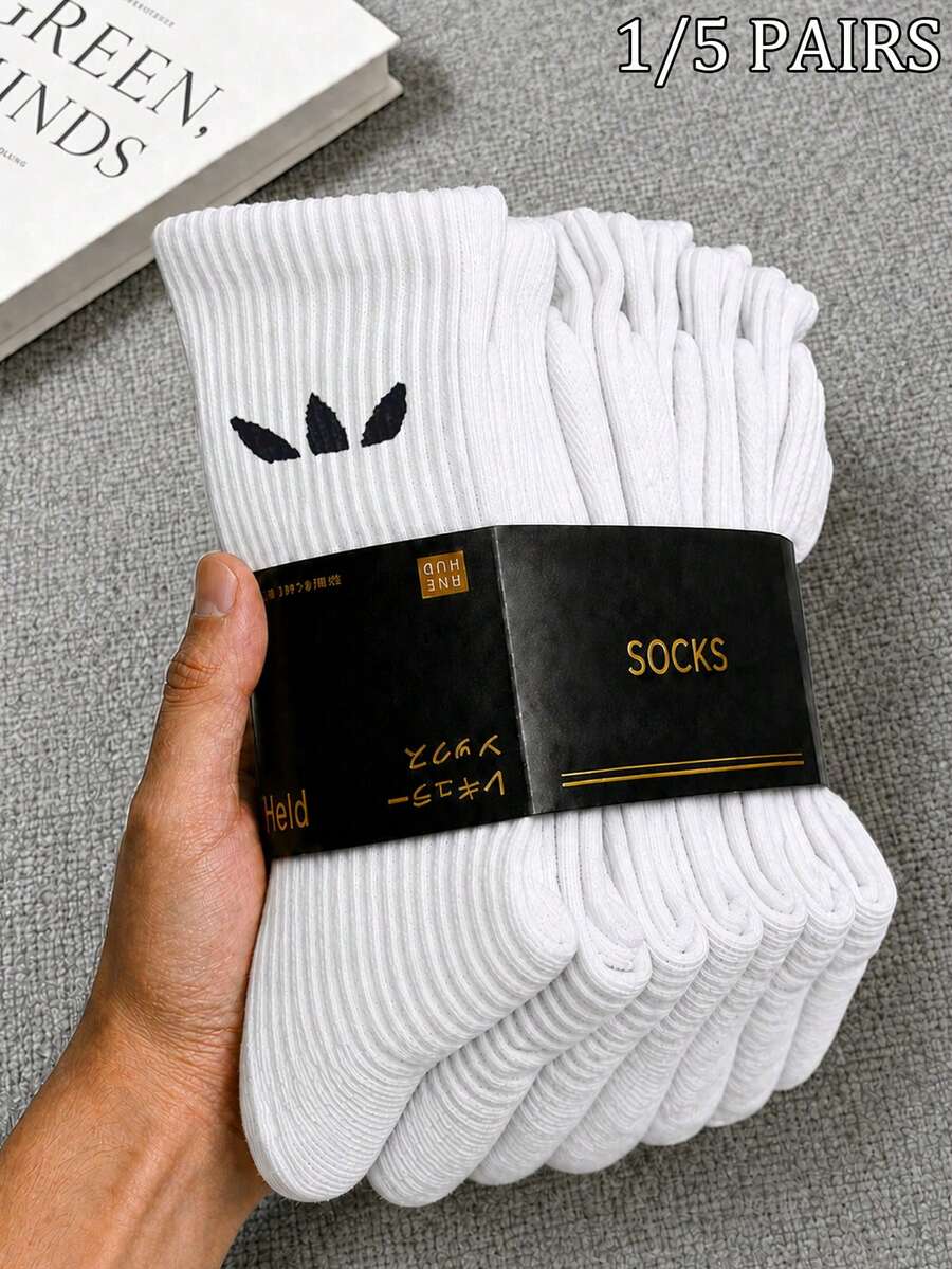 1/5 Pairs Neutral Comfortable Mid-Calf Sports Socks For Men/Women, White, Ribbed Cuff Elastic Knit Breathable Sweat-Absorbing Minimalist Sports Socks Suitable For Running, Fitness And Daily Wear - White - View 1