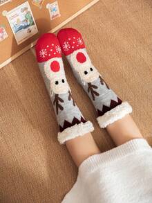 1 Pair Women's Fuzzy Socks, Thick Fleece Mid-Calf Socks, Autumn/Winter Christmas Gift For Women - Light Grey - View 3