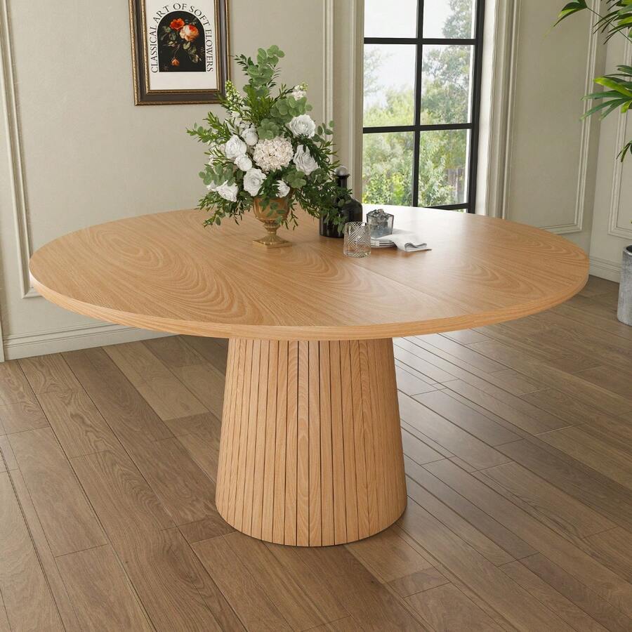 MDF Tabletop Kitchen Table / Round Kitchen Table 110 Cm Country Style / With Metal Inner Frame / Modular Design / Easy Assembly / For Kitchen And Dining Room - Oak - View 1