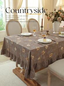 1pc Color Block Ruffle Edge Tablecloth, Floral Print, Autumn/Winter Vibe, Farmhouse Style, Suitable For Dining Table Decor, Picnic Tablecloth, Holiday Celebration, Party Gathering, Birthday Banquet, Daily Dining Table, Kitchen And Dining Room Decoration, All Seasons, Home Decor - Brown - View 3