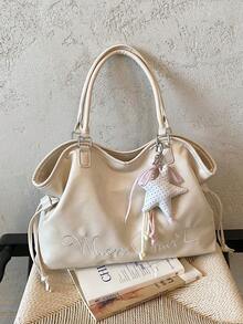 Cream White Embroidered Letter Tote Bag For Women, Drawstring Design, Sweet And Gentle Style, Adjustable Shoulder Strap, Large Capacity Shoulder Bag (No Pendant) - Beige - View 7