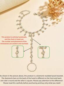 1 pièce Bracelet de doigt luxueux et exquis avec strass, franges drapées, réglable, bicolore or et argent, convient pour les trajets quotidiens des femmes, les vacances, les voyages, accessoire atmosphérique - Bracelet à pompon serti de diamants - Voir 10