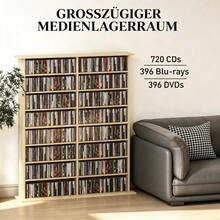 CD-DVD Blu-Ray Storage Rack, Natural, 16 Compartments & 12 Adjustable Shelves, High Capacity Up To 720 CDs / 396 DVDs And Blu-Ray Discs - Natural + Particle Board - View 1