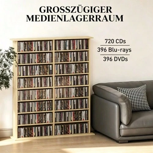 CD-DVD Blu-Ray Storage Rack, Natural, 16 Compartments & 12 Adjustable Shelves, High Capacity Up To 720 CDs / 396 DVDs And Blu-Ray Discs - Natural + Particle Board - View 1