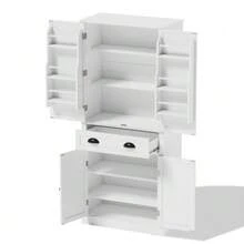 182 Cm Storage Cabinet, 4 Doors And 1 Drawer, 2 Doors With Shelves, 6 Storage Compartments And 4 Adjustable Shelves, Suitable For Kitchen, Dining Room And Living Room, White - White - View 6