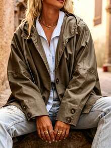 Women's Loose Hooded Trench Coat, Casual Loose Long Jacket, Button Front Design, Asymmetrical Hem, Autumn Hot-Selling New Arrival - Dark Olive Brown - View 5
