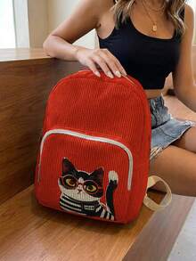 1PC Kitten‑Print Women Mini Backpack, Corduroy Girl School Bag, Travel Storage Bag, Large Capacity Foldable Lightweight Backpack, Multi‑Pocket Layered Design With Zipper Closure - Cartoon Kitten 23043 - View 4