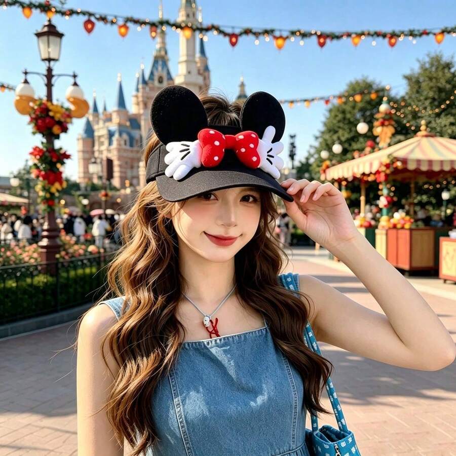 DisneyMinnie Mouse Ears Sun Visor Hat For Women, Cute Red Polka Dot Bow Empty Top Cap, Theme Park Photo Prop Summer UV Protection Hat - A - View 1