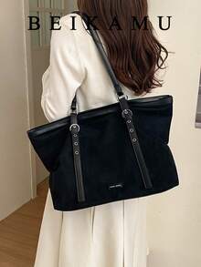 1pc Fashion Solid Color Suede Large Capacity Tote Bag, Metal Eyelet Adjustable Shoulder Strap Shoulder Bag, Suitable For College, Commute, Shopping, Street Shopping, Daily Use. - Black - View 5
