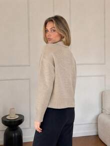 Wixra Women Stand Collar Full Zip‑Up Knit Jacket Drop Shoulder Long Sleeve Loose Short Knit Cardigan - Apricot - View 2