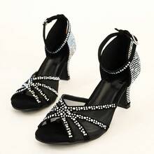 Women's Mesh Rhinestone Latin Dance Sandals, Ankle Strap Chunky Heel Ballroom Performance High Heels - Black - View 7