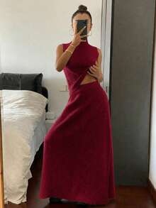 Jotten Vintage Burgundy Semi-High Neck Sleeveless Crop Top + High Waist A-Line Maxi Skirt 2-Piece Set, Elastic Ribbed Slimming Flattering Gentle Commute Solid Color Outfit - Burgundy - View 4