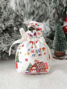 Christmas Drawstring Gift Bag, Xmas Santa Print Candy Goodie Pouch With Handle, Festive Present Wrapping Sack For Christmas Eve Party Favors, Lovely Holiday Treat Storage Bag For Gift Giving Celebration - Multicolor - View 15