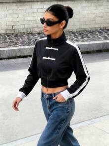 Women's Black New Chinese Style Stand Collar Zipper Short Jacket, Autumn/Winter Casual Sports Style, Suitable For Daily Outings And Formal Occasions - Black - View 6
