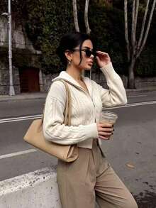 Autumn/Winter New Vintage Oversized Lapel Double Zipper Cable Knit Cardigan, Loose Drop Shoulder Casual Short Commuter Sweater - Apricot - View 5