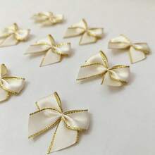 10/20pcs Mini Cream Satin Ribbon Bows With Gold Edge, Handmade Ribbon Bows For Christmas & Holiday Gift Wrapping Decor, Wedding Favor Box Decor, Scrapbooking, DIY Crafts, Clothing Embellishment & Hair Clips DIY Decor - A - View 5