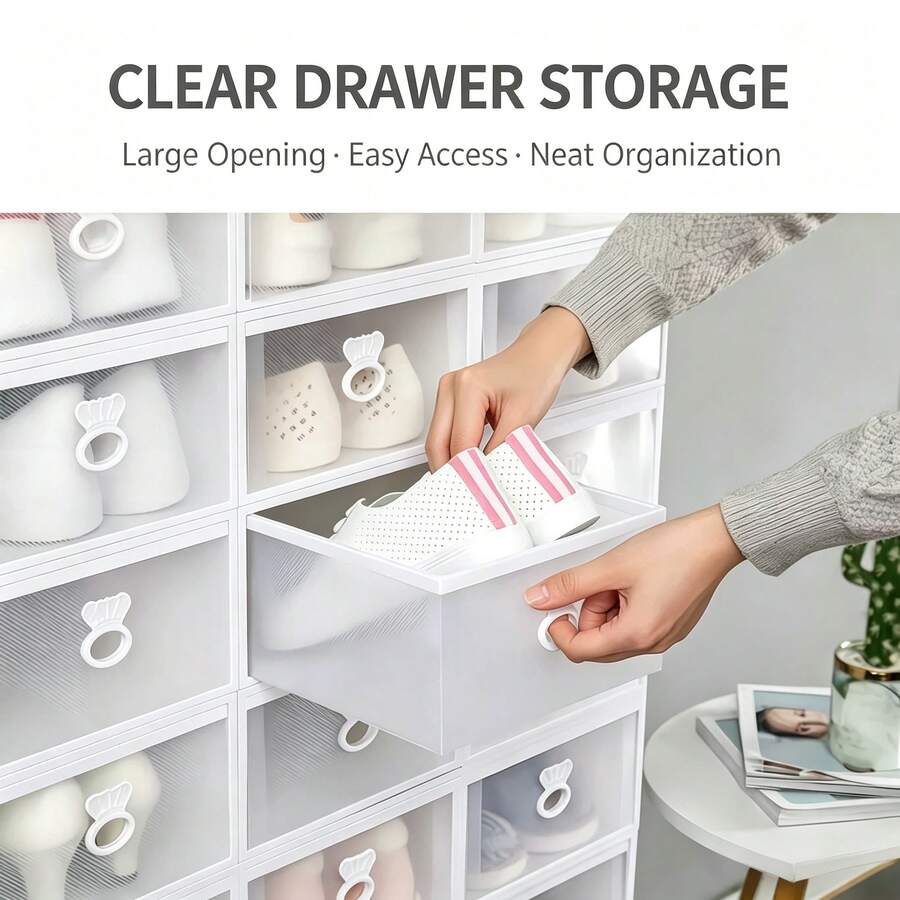 1pc Crown Handle Drawer-Style White Shoe Storage Box, Stackable Dust-Proof Space-Saving Shoe Organizer, For Home Use - Multicolor - View 1