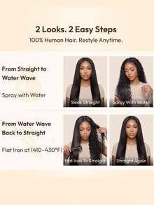 13x4 Lace Front Bye Bye Slip Pre-Processed Wet Curl Wavy Beach Style 2-In-1 Straight To Water Wave 100% Human Hair Frontal Wig, With Invisible Drawstring, Natural Black Hair Quality, Easy To Wear, Fits All Head Sizes, Transparent Lace, Unice Hair - SNatural - View 9