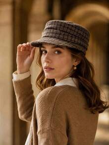 Women Houndstooth Newsboy Cap, Vintage Plaid Peaked Hat, Face-Slimming Octagonal Cap, Fall Winter Essential, Maillard Style, For Commute Outing - Plaid Newsboy Cap - View 9