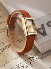 1pc Women's Vintage Rectangular Casual Fashion Minimalist Quartz Wristwatch, Maillard Aesthetic Accessory Watch Suitable For Daily Wear - Brown - View 3