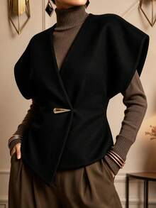 IGKEEL Women's Wool Vest Jacket, Solid Color Asymmetrical Hem With Metal Decorative Buttons, Suitable For Work, Daily Wear, Commuting And Office Occasions, Autumn/Winter - Black - View 3