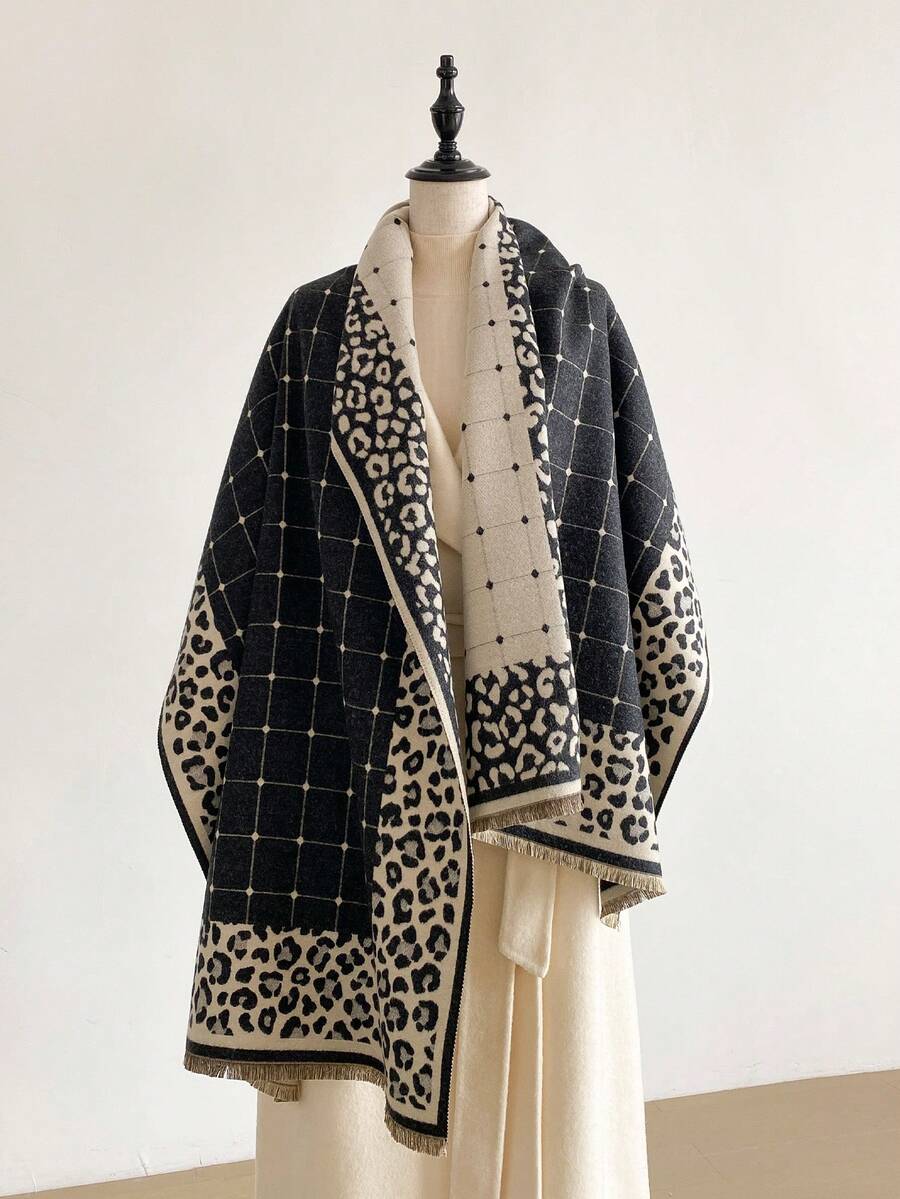 1 قطعة وشاح نسائي مزدوج الجانب من الكشمير الصناعي بطبعة نمر جاكار دافئ، مناسب للاستخدام اليومي في الخريف/الشتاء - الأسود - مشاهدة 1