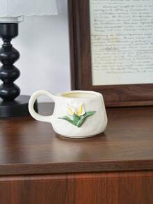 3D Embossed Calla Lily Ceramic Coffee Mug, Cream White Textured Handmade Porcelain Tea Latte Cup, Vintage French Style Large Handle Drinking Cup For Home Table Decor & Gift - Multicolor - View 4