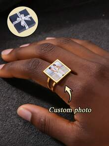 1PC Customized Photo Golden Elegant Ring, Personalized Couple Photo Ring, Wedding Ring, Family Photo Square Ring, Pet Photo Memorial Ring, Commemorative Jewelry Gift, Memory Gift, Valentine's Day Gift, Mother's Day Gift, Christmas, Halloween Gift - Multicolor - View 1