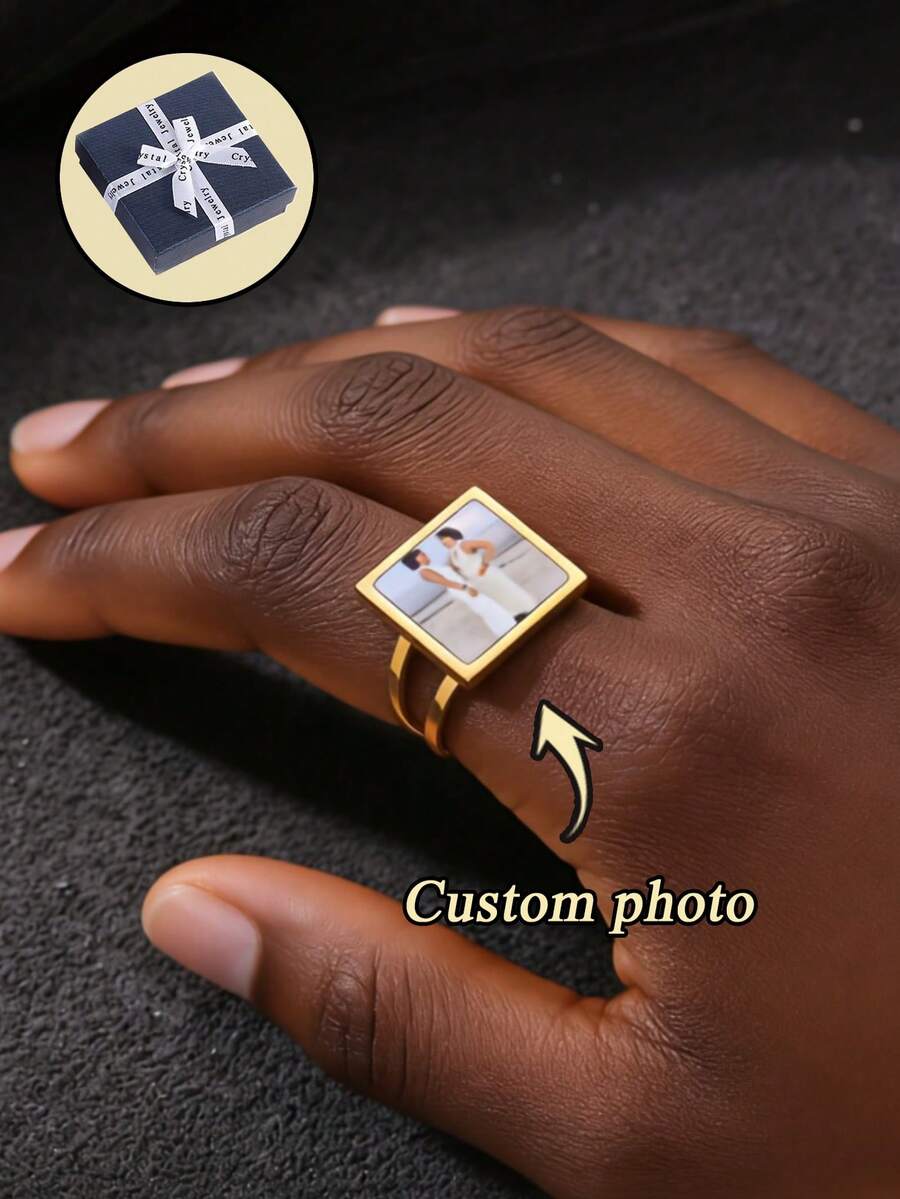 1PC Customized Photo Golden Elegant Ring, Personalized Couple Photo Ring, Wedding Ring, Family Photo Square Ring, Pet Photo Memorial Ring, Commemorative Jewelry Gift, Memory Gift, Valentine's Day Gift, Mother's Day Gift, Christmas, Halloween Gift - Multicolor - View 1