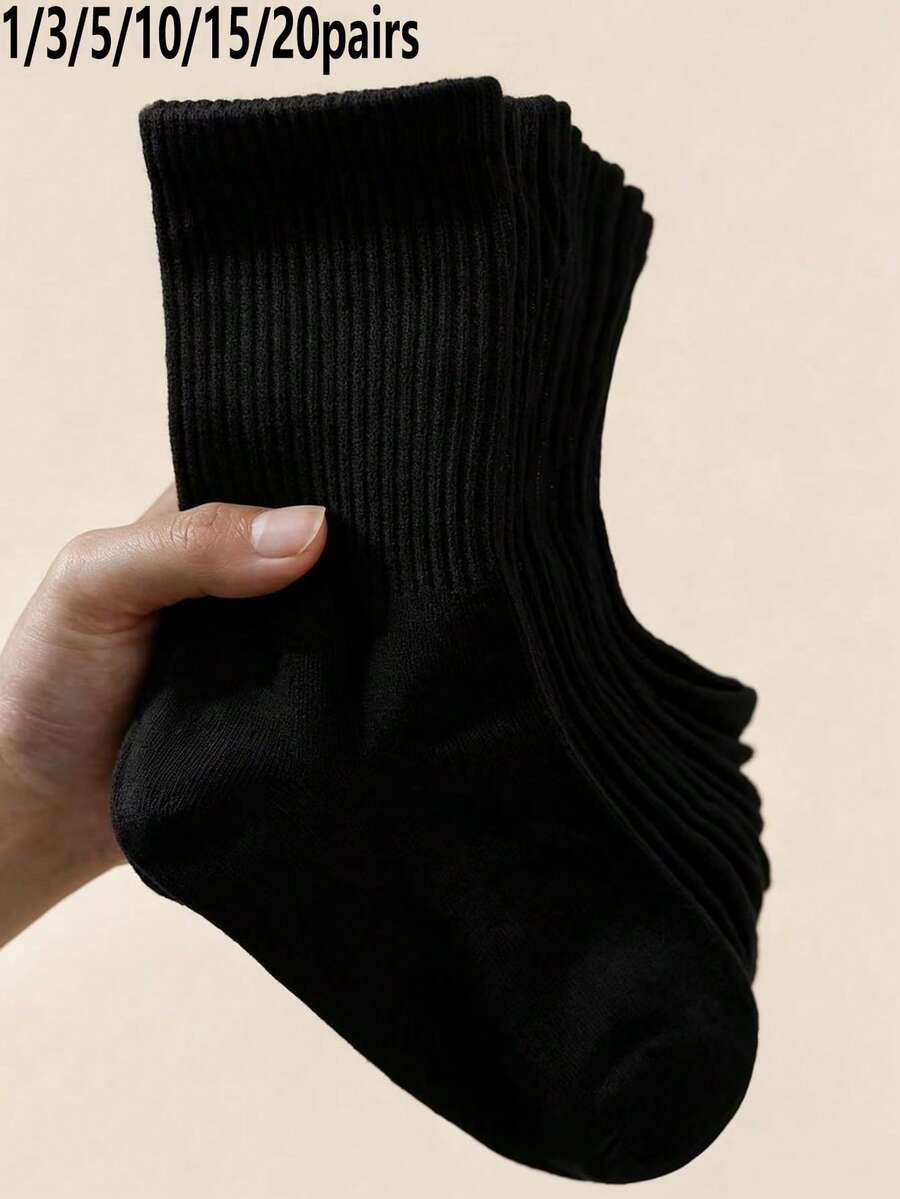 1/3/5/10/15/20 Pairs Women's Solid Color Minimalist Comfortable Breathable Mid-Calf Socks - Black - View 1