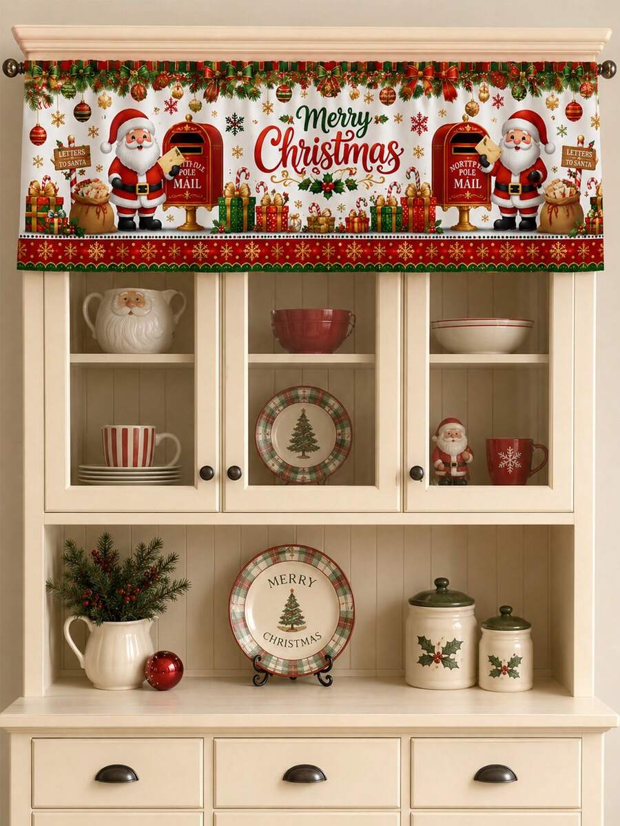 1pc Letters To Santa Christmas Kitchen Valance, Nostalgic North Pole Polyester Rectangular Rod Pocket Window Topper With Santa Mailbox Gift Boxes & Holly, Festive Short Curtain For Dining Room Family Christmas Deco - Multicolor - View 1
