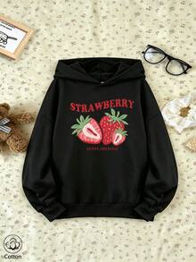 Girls Strawberry Print Hoodie Casual Long Sleeve Loose Pullover Sweatshirt - Black - View 3