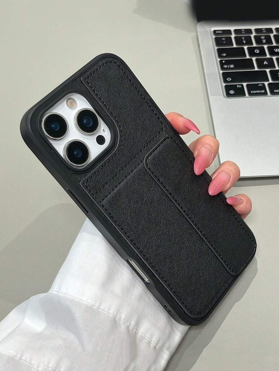 1pc Vintage Card Holder Compatible With Apple 16 Pro Max Phone Case 14 Pro Max Skin-Feel 13 Pro Card Slot 15 New Model Minimalist 16 Solid Color Men's Women's Max Flip Cover Pro Leather Texture Fashion - Black - View 1