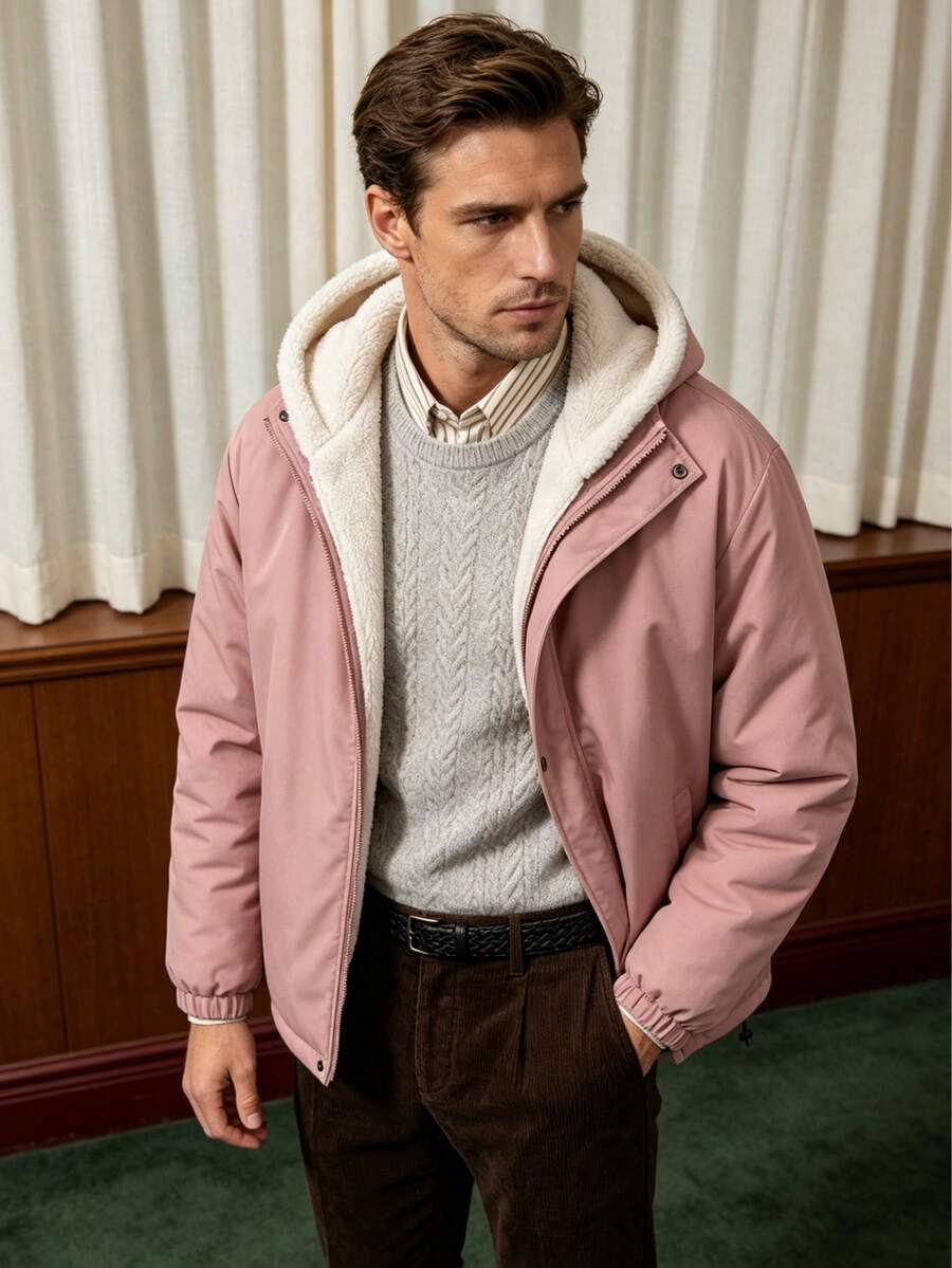 Chaqueta de invierno con capucha, manga larga, cremallera y forro polar para hombre - Rosa - Ver 1