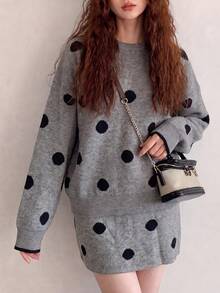 Setelan 2 Potong Wanita Musim Gugur/Dingin Minimalis Kasual Motif Polkadot Lucu Atasan Longgar dan Rok - Grey - View 4