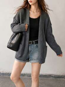 Women's Autumn/Winter Casual Minimalist 2 In 1 Lapel Cardigan Knit Sweater - Dark Grey - View 3
