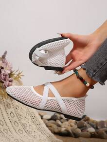 Women's White Square Toe Hollow Mesh Mary Jane Shoes, Low Vamp Breathable Cross Strap Gentle Style Flat Ballet Shoes - White - View 3