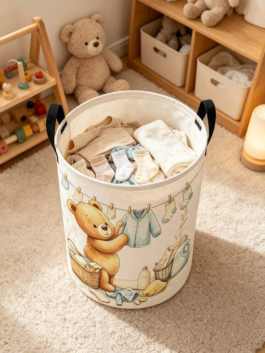 Multi-Functional Large Laundry Basket/Dirty Clothes Basket, Laundry Hampers Bags, Cute Laundry Bear Pattern - Foldable Circular Clothes Basket, Foldable Clothes Rack And Wooden Clothes Clips, Bedroom, Bathroom Storage Box, Wardrobe Organizer - Space-Saving Laundry Organizer, Laundry Storage And Organization, Suitable For Home And Travel, Applicable To Multiple Living Spaces, Casual Style Clothes Storage Box, Space-Saving Design - Multicolor - View 1