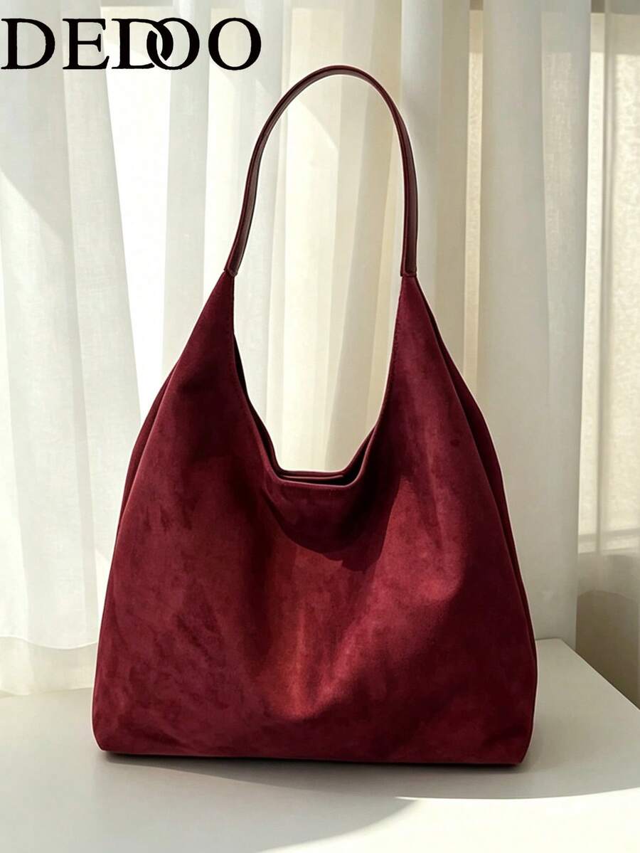 Dedoo Burgundy Suede Hobo Tote Bag, Spliced Leather Handle Large‑Capacity Lazy Retro Shoulder Bag For Ladies Autumn Winter Commute Travel