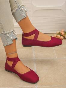 Spring/Autumn New Women's Burgundy Flat Shoes, Cross Elastic Strap, Square Toe, Slip-On, Soft, Versatile Ballet Style Mary Jane Shoes - Burgundy - View 3