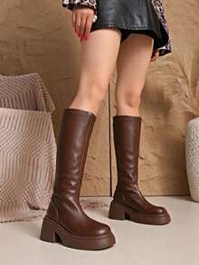 Autumn/Winter New Thick Sole Chunky Leg Tall Boots Elastic Non-Slip Shaft - Brown - View 8