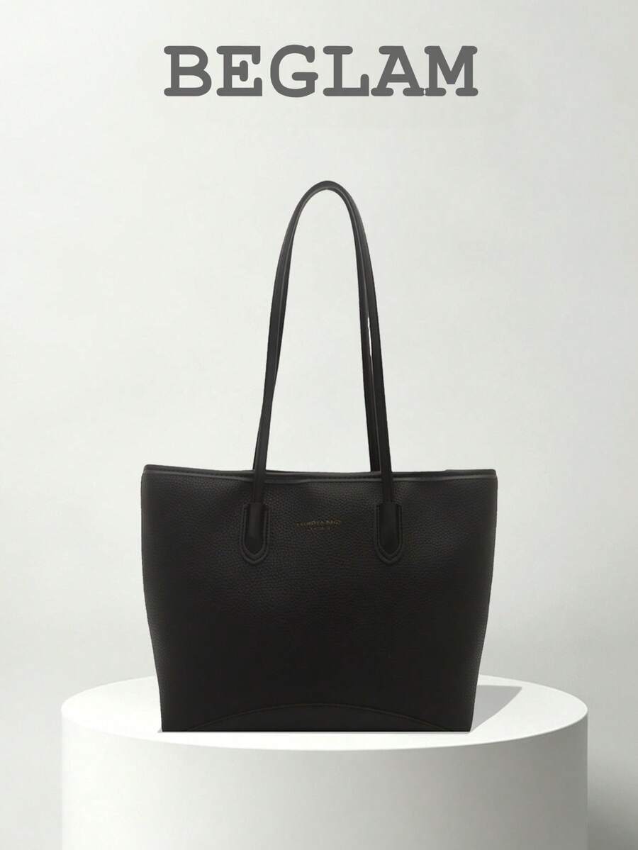 Fashion Solid Color PU Shoulder Tote Bag, Suitable For Women Shopping, Commuting And Daily Use - Black - View 1