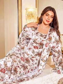 Elegant Vintage Floral Print Plus Size 2-Piece Set, Satin Contrast Trim Buttonless Cardigan + Camisole Dress - Apricot - View 6